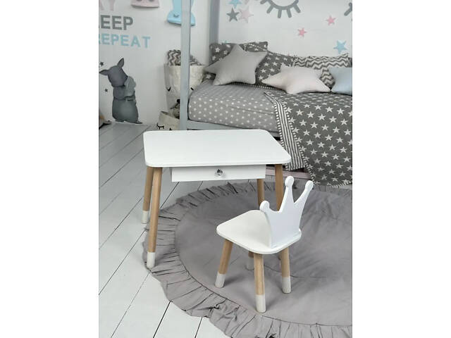 Дитячий столик зі стільчиком Корона та ящиком для олівців та розмальовок (Білий) - Фото 5