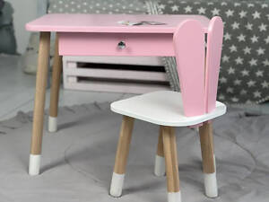 Детский столик со стульчиком Зайчик и ящиком для карандашей и раскрасок (Розовый)