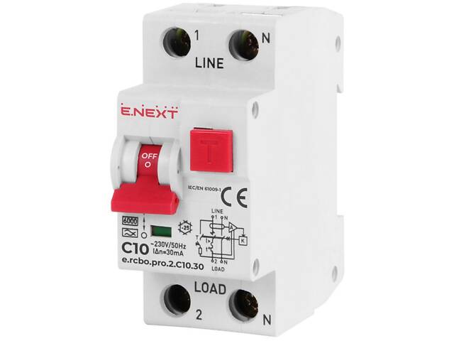 Дифференциальный выключатель 1P+N 10А 30мА 'С' тип A [p0720008] E.NEXT e.rcbo.pro.2.C10.30 - Фото NaN