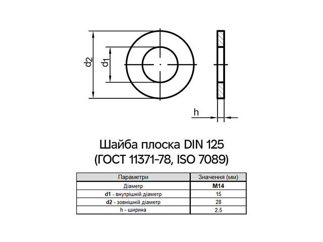 DIN125 М14 зовнішній ⌀28мм товщина 2,5мм нержавіюча сталь шайба плоска (200 шт.) [N7000000N714000000] Metalvis - Фото 2
