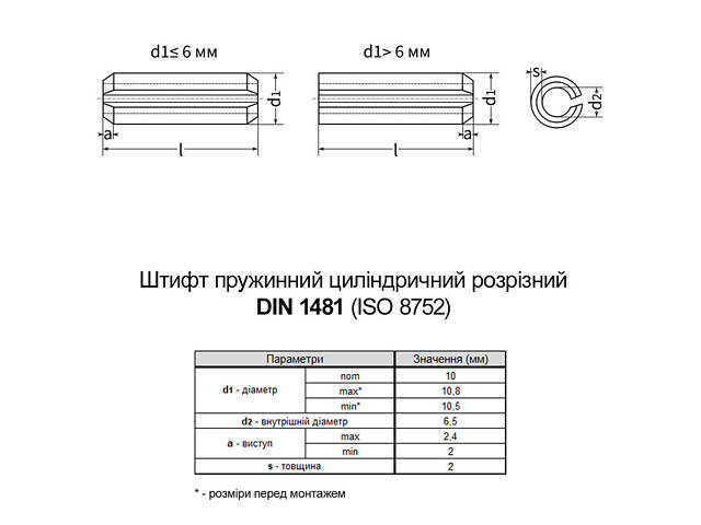 DIN1481 10х60 сталь штифт пружинний циліндричний розрізний без покриття (200 шт.) [9500P000095X060P00] Metalvis - Фото 2