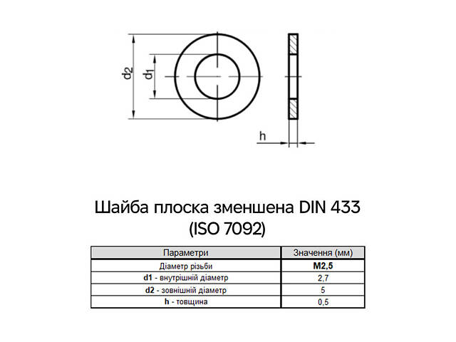 DIN433 М2.5 зовнішній ⌀5мм товщина 0,5мм сталь шайба плоска зменшена цинк білий (250 шт.) [7O20S0007O20S02720] Metalvis - Фото 2