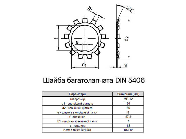 DIN5406 М60 зовнішній ⌀86мм товщина 1,5мм сталь шайба стопорна багатолапчаста цинк білий [7R00000007C1206020] Metalvis - Фото 2