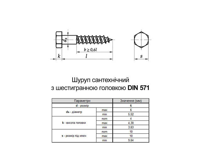 DIN571 6х20 Шуруп для дерева оцинкований під ключ 10мм шестигранна головка (100 шт.) [206200000206602020] Metalvis - Фото 2