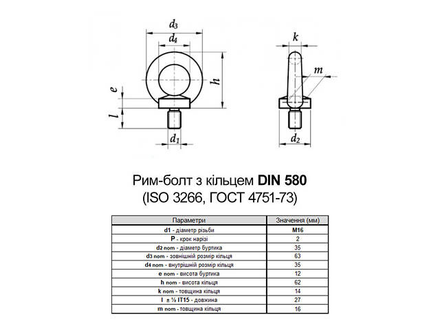 DIN580 М16х27 сталевий болт з кільцем (римовий болт) оцинкований (5шт.) [5M8200000B5M816200] Metalvis - Фото 2
