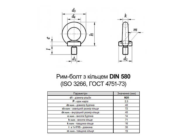 DIN580 М20х30 сталь болт з кільцем (рим-болт) оцинкований [5M8200000B5M820250] Metalvis - Фото 2