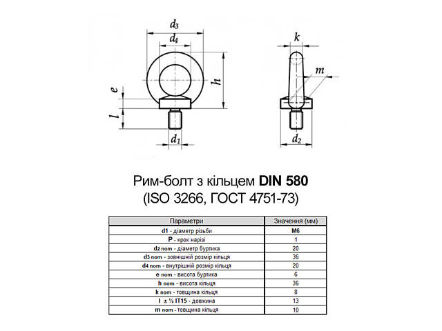 DIN580 М6х13 сталевий болт з кільцем (рим-болт) оцинкований (10шт.) [5M8200000B5M806200] Metalvis - Фото 2