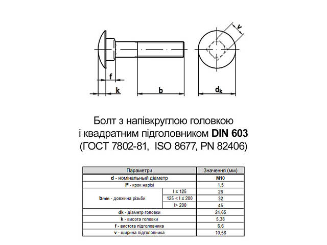 DIN603 М10х200 4.8 Болт напівкругла головка, квадратний підголовник цинк білий часткова різьба L32 (50шт.) [5V22000005V2X0B020] - Фото 2