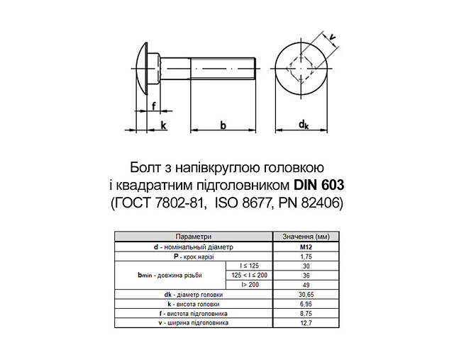 DIN603 М12х50 8.8 Болт напівкругла головка, квадратний підголовник цинк білий часткова різьба L30 (10шт.) [5V2880005V28X25020] - Фото 2