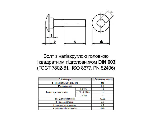 DIN603 М5х45 4.8 Болт напівкругла головка, квадратний підголовник цинк білий часткова різьба L16 (500шт.) [5V22000005V2504520] - Фото 2