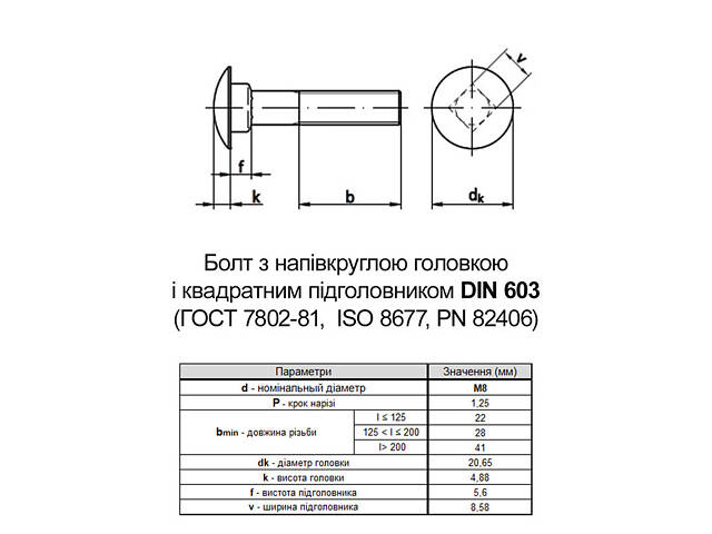 DIN603 М8х90 Болт напівкругла головка, квадратний підголовник нержавіюча сталь часткова різьба L22 (5шт.) [N5V00000N5V0809000] - Фото 2