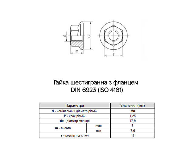 DIN6923 М8 сталь 10 крок 1.25 під ключ 13мм гайка шестигранна з фланцем Delta-MKS (250 шт.) [6L20000006L08A00D0] Metalvis - Фото 2