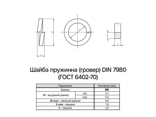 DIN7980 М5 зовнішній ⌀8,8мм товщина 1,6мм сталь шайба пружинна (гровер) цинк білий (500 шт.) [7P20000007P0520000] Metalvis - Фото 2