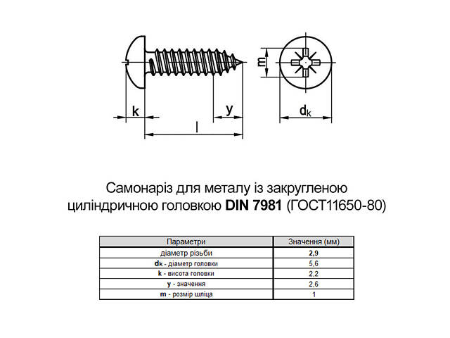 DIN7981 2,9х22 PH1 Саморіз цинк білий повна різьба напівкругла головка (1000 шт.) [805200000805292220] Metalvis - Фото 2