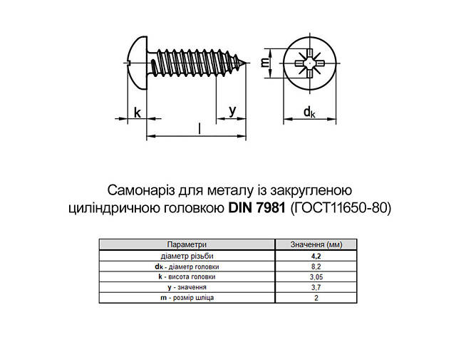 DIN7981 4,2х32 PH2 Саморіз нержавіюча сталь повна різьба напівкругла головка (500 шт.) [N8050000N805423200] Metalvis - Фото 2