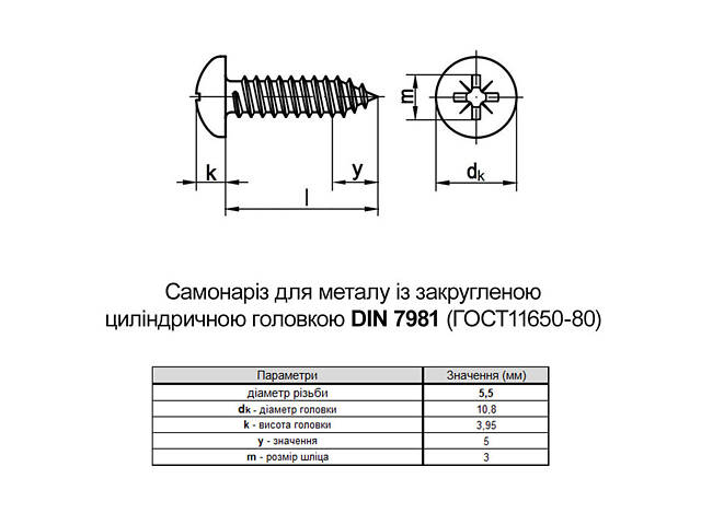 DIN7981 5,5х45 PH3 Саморіз цинк білий повна різьба напівкругла головка (500 шт.) [805200000805554520] Metalvis - Фото 2