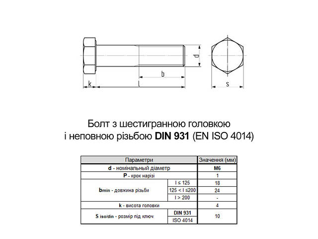 DIN931 М6х80 різьба L18 сталь 8.8 болт з шестигранною головкою під ключ 10мм (25шт.) [5M60000005М660800C] Metalvis - Фото 2