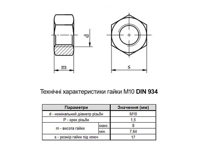 DIN934 М10 сталь 12 крок 1,5 під ключ 17мм гайка шестигранна без покриття (100 шт.) [602010000601000120] Metalvis - Фото 2