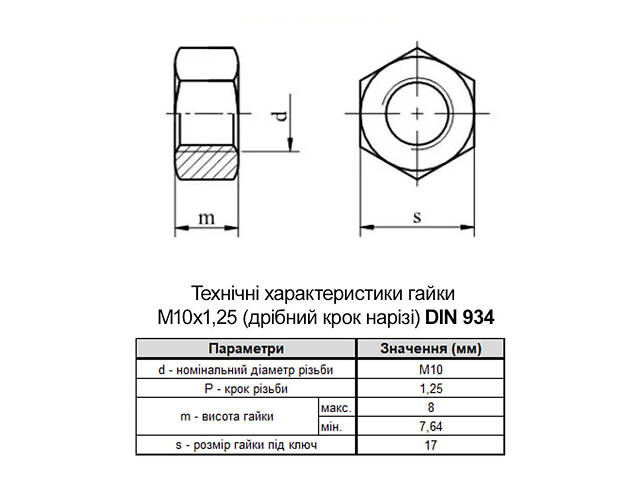 DIN934 М10 сталь 8 крок 1,25 під ключ 17мм гайка шестигранна цинк білий (300 шт.) [602080006010125082] Metalvis - Фото 2