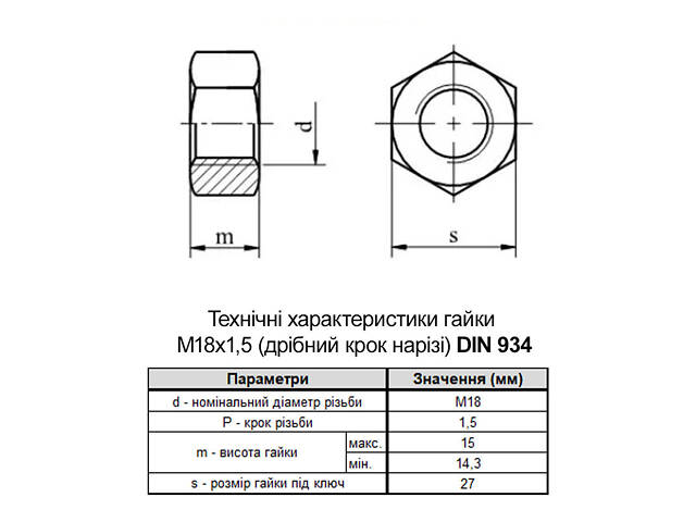 DIN934 М18 сталь 10 крок 1,5 під ключ 27мм гайка шестигранна без покриття [602080006018150100] Metalvis - Фото 2