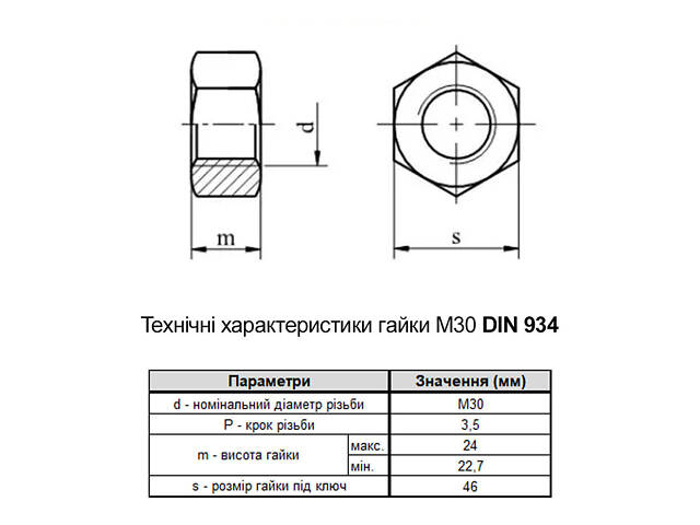 DIN934 М30 сталь 6 крок 3,5 під ключ 46мм гайка шестигранна без покриття (25 шт.) [600000000603000000] Metalvis - Фото 2