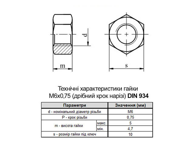 DIN934 М6 сталь 8 крок 0,75 під ключ 10мм гайка шестигранна цинк білий (1000 шт.) [602080006006075082] Metalvis - Фото 2