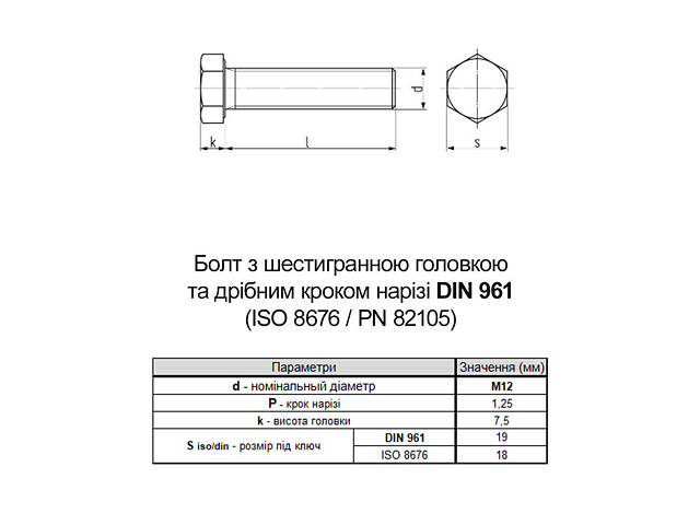 DIN961 М12х40 повна різьба дрібний крок 1,25мм сталь 10.9 болт шестигранна головка під ключ 19мм (100шт.) [5T60005T6X21254000] - Фото 2