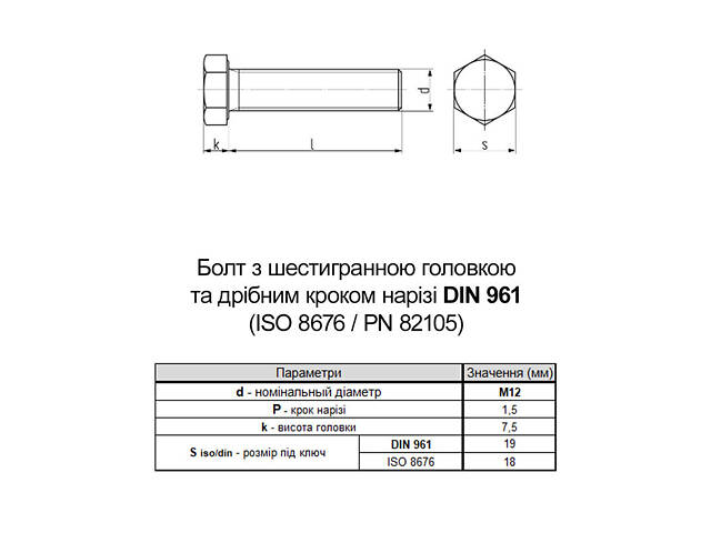 DIN961 М12х45 повна різьба дрібний крок 1,5мм сталь 10.9 болт шестигранна головка під ключ 19мм (100шт.) [5T60005T6X21504500] - Фото 2