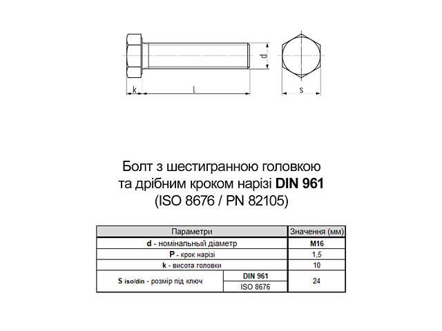 DIN961 М16х65 повна різьба дрібний крок 1,5мм сталь 10.9 болт шестигранна головка під ключ 24мм (5шт.) [5T60005T6X61506500] - Фото 2
