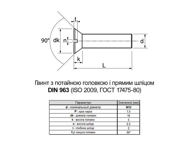 DIN963 М10х20 сталь 4.8 гвинт цинк білий повна різьба крок 1,5 (10шт.) [5M12000005M1X02021] потайна SL14 Metalvis - Фото 2