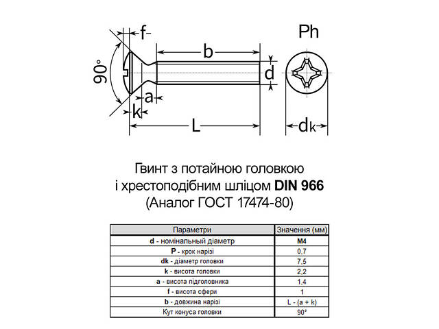 DIN966 М4х25 сталь 4.8 гвинт цинк білий повна різьба крок 0,7 (250шт.) [5M32000005M3402520] напівпотайна PH2 Metalvis - Фото 2