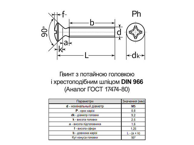 DIN966 М5х35 сталь 4.8 гвинт цинк білий повна різьба крок 0,8 (100шт.) [5M32000005M3503520] напівпотайна PH2 Metalvis - Фото 2