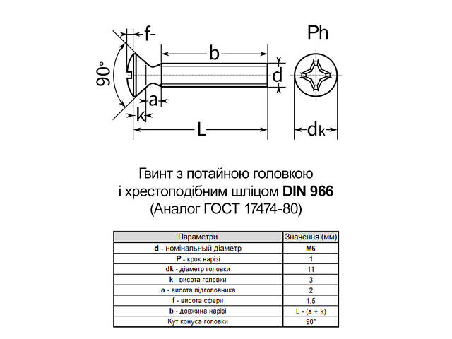 DIN966 М6х50 сталь 4.8 гвинт цинк білий повна різьба крок 1 (100шт.) [5M32000005M3605020] напівпотайна PH3 Metalvis - Фото 2