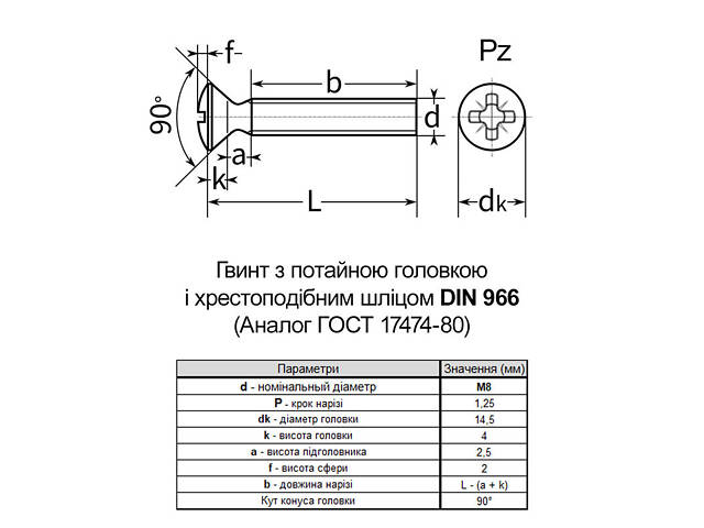DIN966 М8х50 нержавіюча сталь гвинт повна різьба крок 1,25 (200шт.) [N5M30000N5M380500Z] напівпотайна PZ4 Metalvis - Фото 2