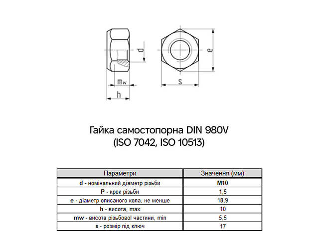 DIN980V М10 сталь 8 крок 1,5 під ключ 17мм гайка самостопорна цинк білий (50 шт.) [6V22000006V2100020] Metalvis - Фото 3