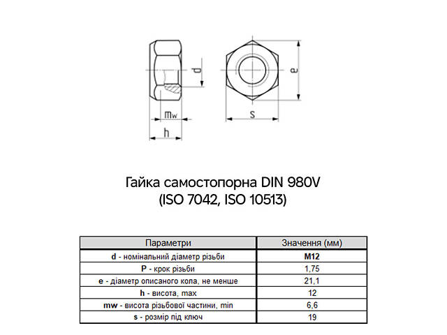 DIN980V М12 сталь 8 крок 1,75 під ключ 19мм гайка самостопорна цинк білий (25 шт.) [6V22000006V2120020] Metalvis - Фото 3