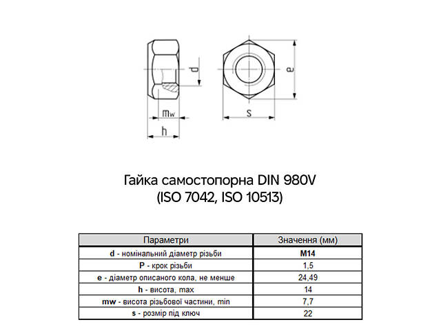 DIN980V М14 сталь 8 дрібний крок 1,5 під ключ 22мм гайка самостопорна цинк білий [6V22000006V2141520] Metalvis - Фото 3