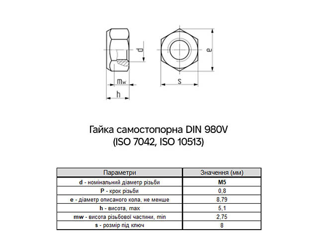 DIN980V М5 сталь 8 крок 0,8 під ключ 8мм гайка самостопорна цинк білий (1000 шт.) [6V22000006V2050020] Metalvis - Фото 3