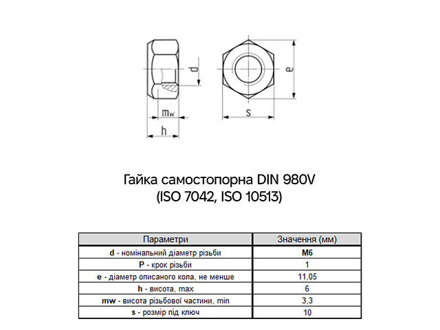 DIN980V М6 сталь 8 крок 1 під ключ 10мм гайка самостопорна цинк білий (50 шт.) [6V22000006V2060020] Metalvis - Фото 3