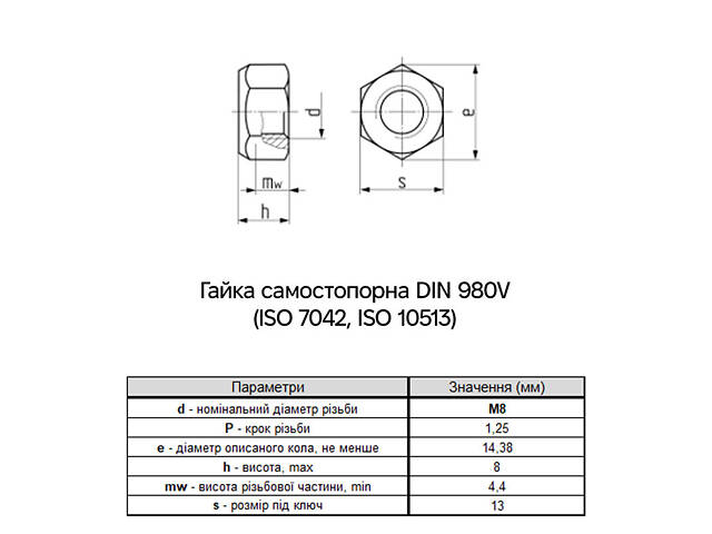 DIN980V М8 сталь 8 крок 1,25 під ключ 13мм гайка самостопорна цинк білий (1000 шт.) [6V22000006V2080020] Metalvis - Фото 3