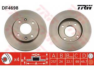 Диск гальмівний (1 шт.) HYUNDAIKIA ElantraMatrixSonata(YF)Cerato F D=257mm 00-15 TRW DF4698 на HYUNDAI AVANTE II (J-2)