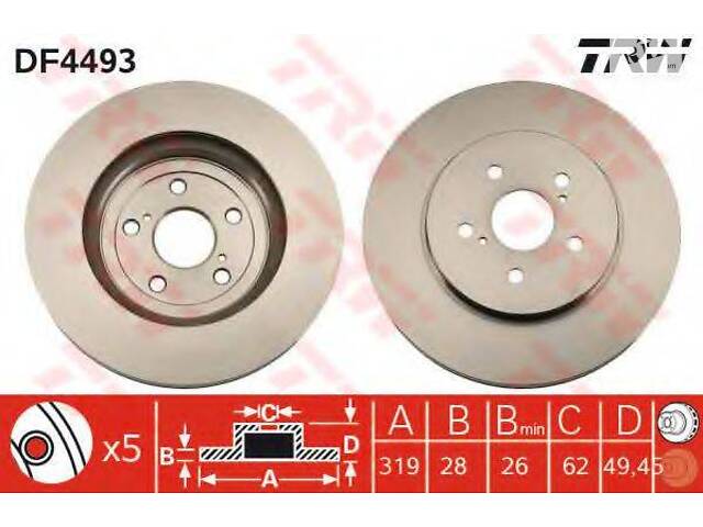 Диск гальмівний (1 шт.) LEXUS RX 300450350 F 03> > TRW DF4493 на TOYOTA HARRIER (MCU3_, MHU3_, ACU3_, GSU3_)