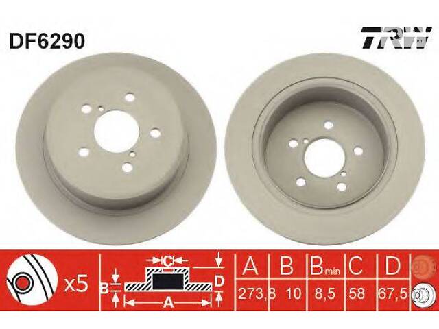 Диск гальмівний (1 шт.) SUBARU LegacyOutback R D=273,8mm 03-09 TRW DF6290 на SUBARU OUTBACK универсал (BL, BP)