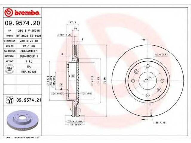 Диск гальмівний BREMBO 09957421 на HYUNDAI SONATA Mk III (EF)