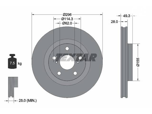 Диск гальмівний передній, 296mm Lexus ES; Toyota Auris, Camry, Rav 4 06-