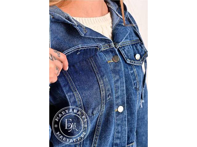 Джинсова куртка з капюшоном \ синя - Фото 7