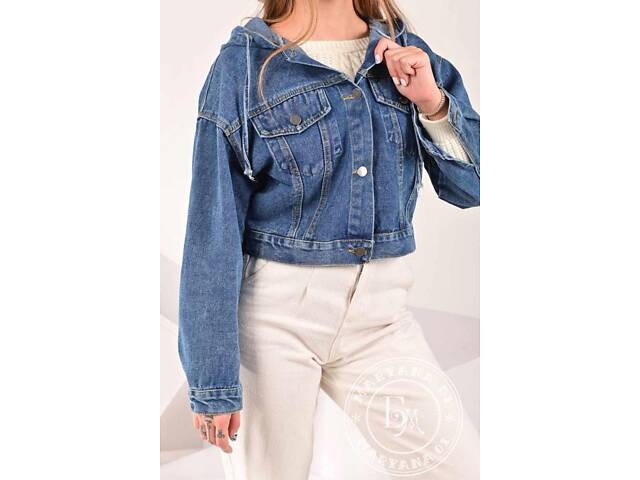 Джинсова куртка з капюшоном \ синя - Фото 6