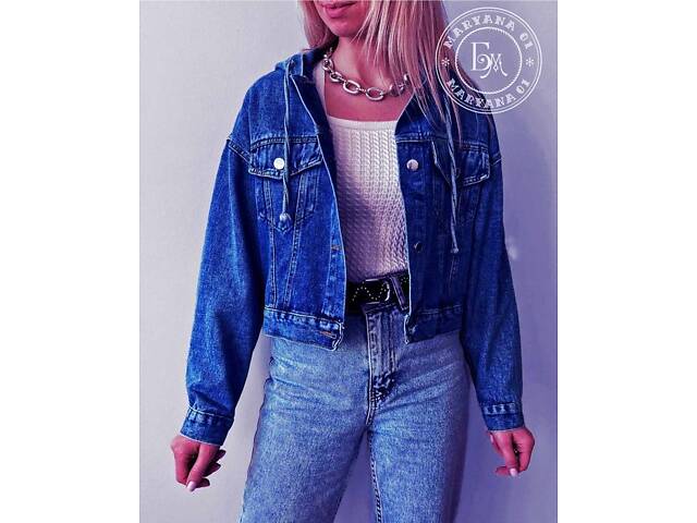 Джинсова куртка з капюшоном \ синя - Фото 3