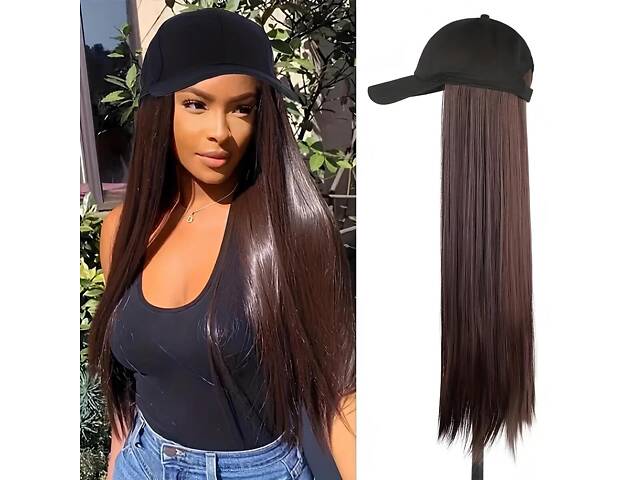 Длинный парик коричневый RESTEQ - 80см, прямой, с черной кепкой, косплей, аниме - Фото 2