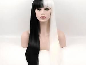 Длинные черно-белые парики RESTEQ 75 см — прямые волосы в стиле Круэллы, высококачественные синтетические пряди для косп